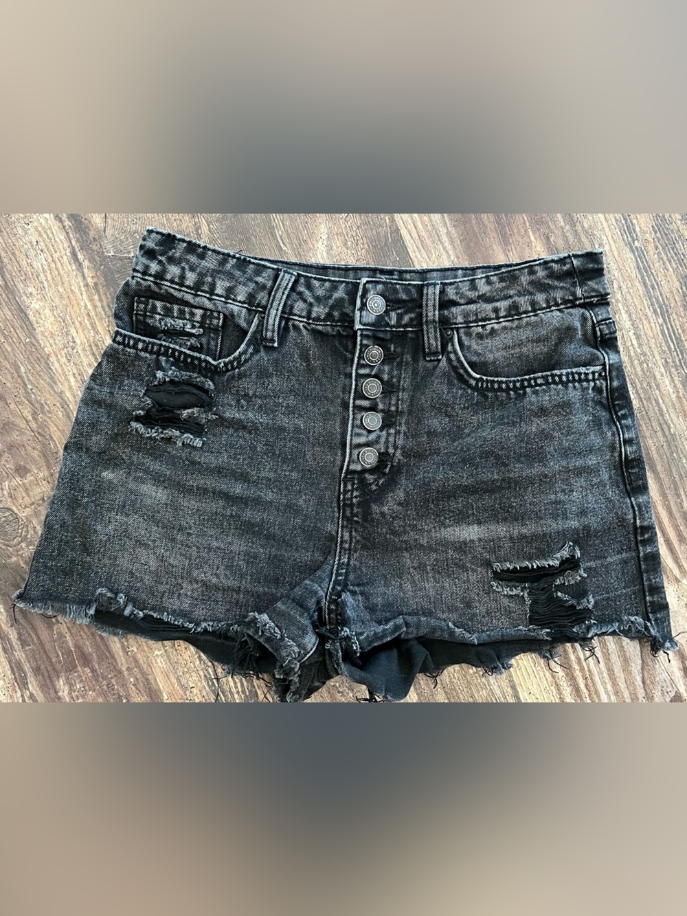 YMI Distressed Black Denim Button-Front Women's Shorts